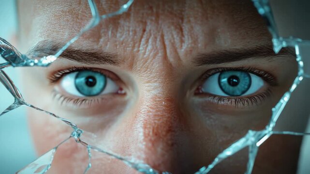 Close up of person looking through a broken mirror in a dimly lit room