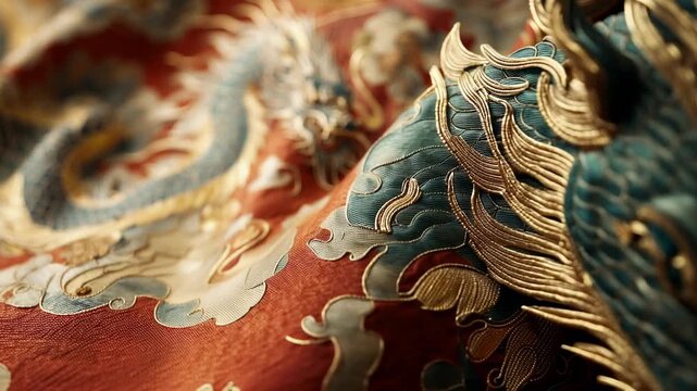 Embroidered dragon art on silk fabric highlights cultural craftsmanship and artistry in textile design from Asia