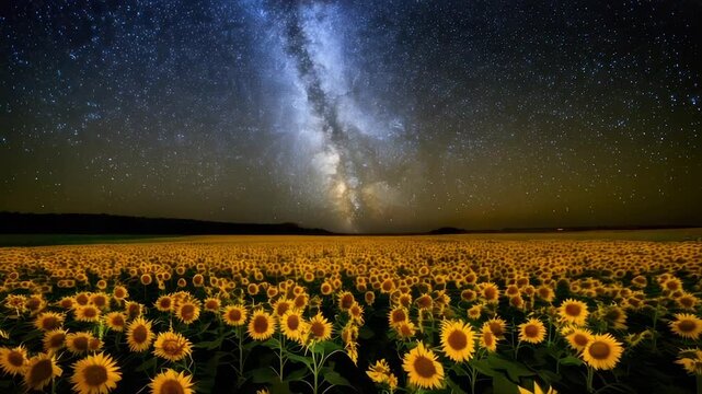 A field of sunflowers faces a starry sky with the Milky Way, at dusk