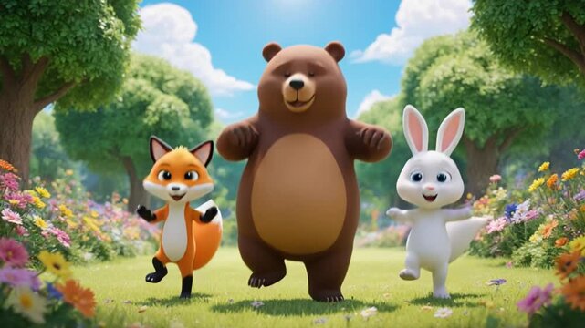 Cartoon bear, fox, and rabbit dancing in a sunny meadow