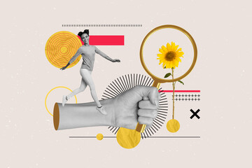 Trend poster collage of person stand walk hand hold magnifying glass flower on grey background