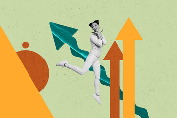 Image 3d zine vertical collage of happy businessman businesswoman stand arrow development career...