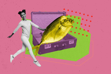 Pop graphics collage of person stand run near valise with fish meal on pink color background