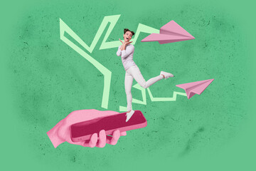 Full 3d image creative collage of happy girl guy stand hands hold phone message networking paper...