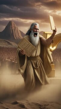 Moses receiving Ten Commandments on stone tablets, running down mountain, ancient Israelite crowd waiting, dramatic cloudy sky