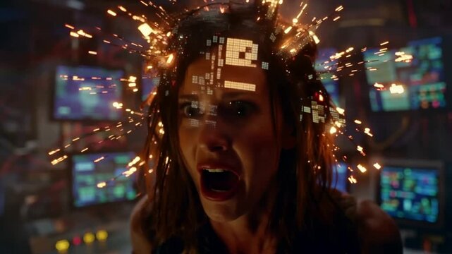 Woman screaming in shock with sparks and screens exploding around her head in a dark room