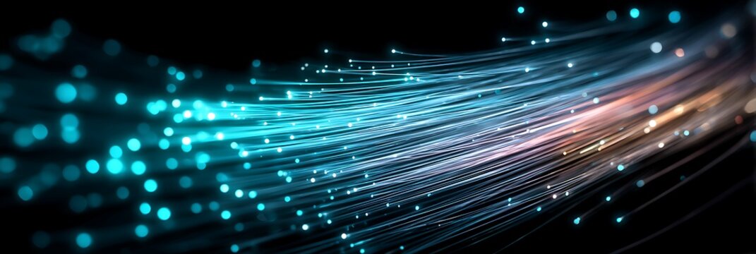 High speed fiber optic data transmission background with glowing light trails and bokeh effects representing digital connectivity, internet speed, and global network.