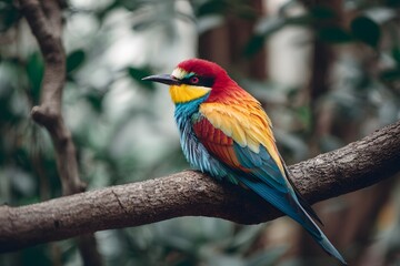 Obraz premium colorful tropical bird sitting on tree branch biodiversity wildlife concept copy space