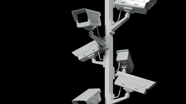 Abstract Seamless Loop 3d Animation of Security CCTV Cameras on Pole with Alpha Channel