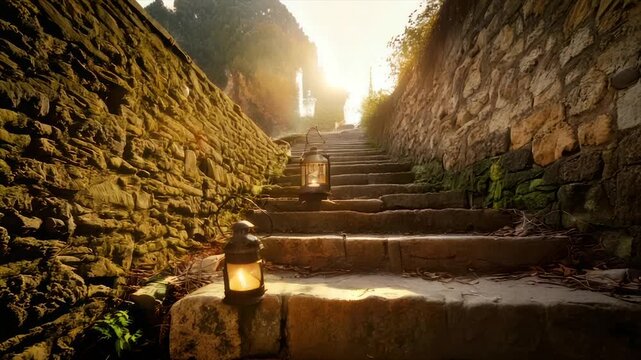 Stone steps ascend between stone walls, lit by lanterns and golden sunlight