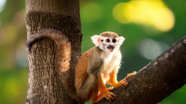 A squirrel monkey with tan, orange, and white fur perches on a tree trunk and branch, smiling