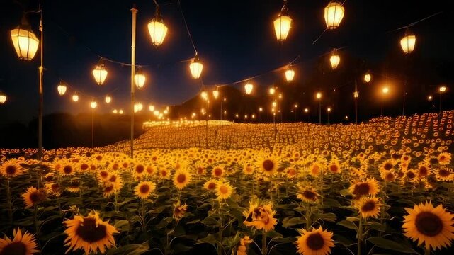 A field of sunflowers illuminated by string lights at dusk. The scene evokes a warm, magical feeling