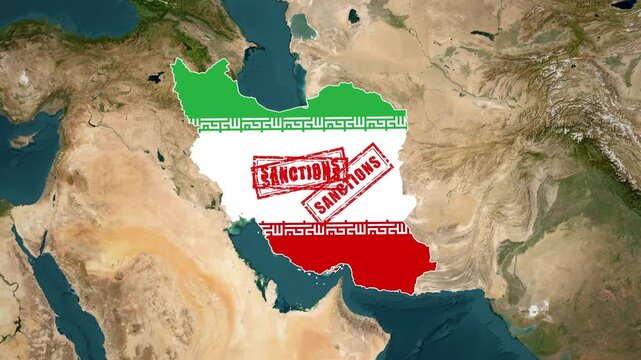 Iran map and flag with appearing red sanctions stamps animation