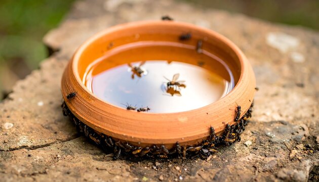 Dish of water with dead insects on a weathered surface