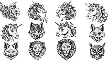 Obraz premium Fantasy animal portraits collection of detailed line art illustrations