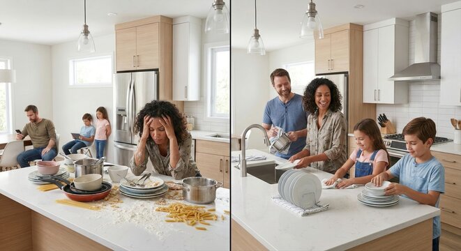 Family teamwork and household chores: before and after cooperation.