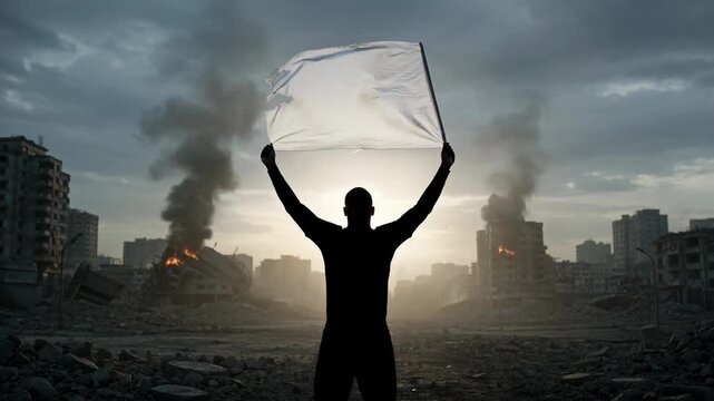 Person Raising White Flag &ndash; Surrender and Peace Concept