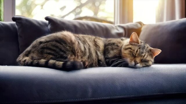 A tabby cat is sleeping peacefully on a grey sofa near a bright window