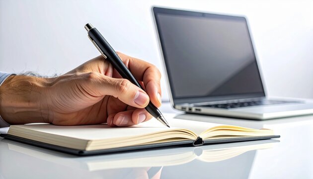 Ultra realistic lifestyle photography of a human hand writing notes in an open notebook with a black pen, natural skin texture, modern desk workspace with laptop slightly visible, soft daylight studio