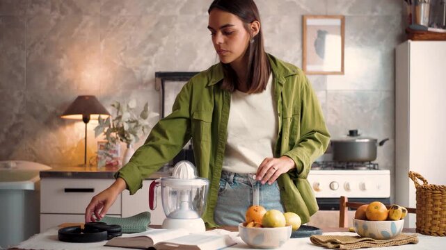 Young woman preparing fresh citrus juice in a cozy home kitchen. She arranges oranges and lemons on the table and starts cutting fruit near a manual juicer. Healthy lifestyle concept, homemade vitamin