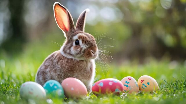 A cute Easter bunny sitting in a grassy field surrounded by colorful eggs on a sunny day in a video