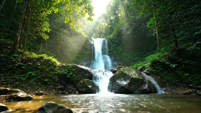 Beautiful Clear Waterfall in Lush Tropical Forest with Sunlight and Fresh Natural Scenery