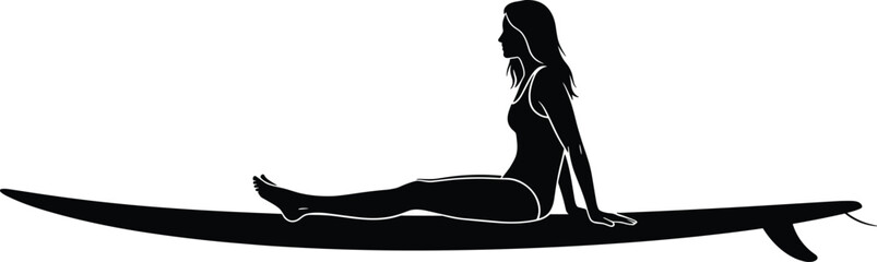 Flat vector illustration of woman silhouette sitting on surfboard, relaxed posture, surfing lifestyle, ocean culture, summer beach design art