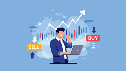 Naklejka premium Excited investor celebrating a successful trade in front of a bullish stock market chart and buy sell signals on a blue background.