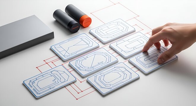 Hand interacting with electronic circuit board prototypes and components