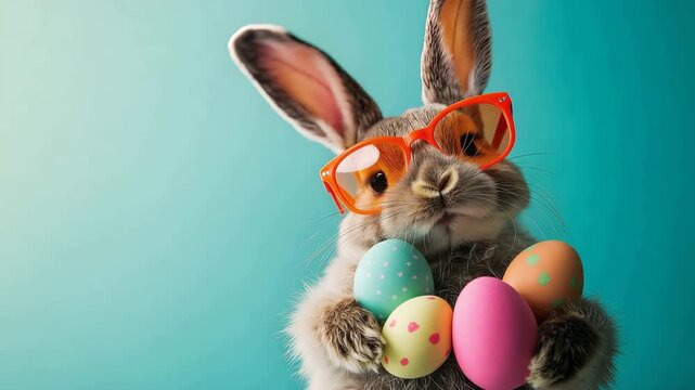 A cute Easter bunny wearing orange sunglasses holds colorful eggs in front of a blue background in this fun video.