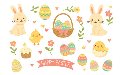 Fototapeta premium Cute Easter collection with bunny, chick, basket and decorated eggs, cheerful spring illustration perfect for greeting cards, holiday invitations and festive seasonal designs.