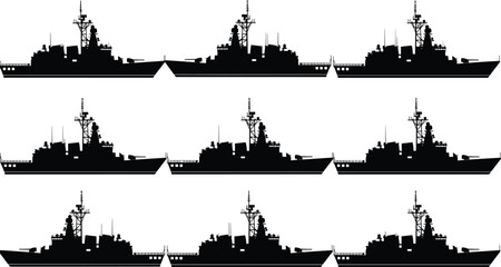 Military warship silhouettes set with naval destroyer and battleship profiles vector collection for navy defense maritime fleet illustration isolated
