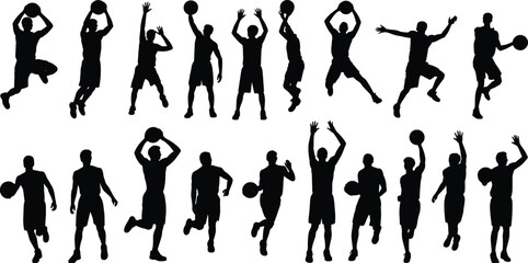 Silhouette vector illustration of basketball players in dynamic action poses with ball, sports movement design for athletic competition and training graphics © MstManjuara