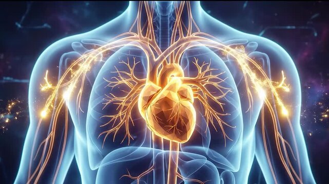 Detailed glowing human heart inside chest with vascular network and anatomical visualization. Concept of cardiology and cardiovascular system.