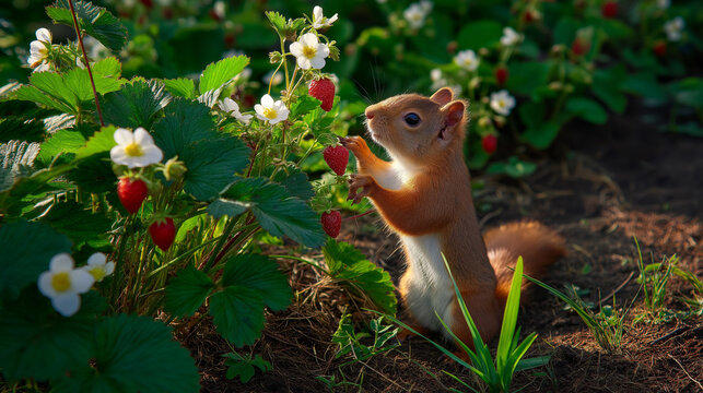 AI generator images of red squirrel reaching for a strawberry in a vegetable patch displays adorable wildlife behavior.