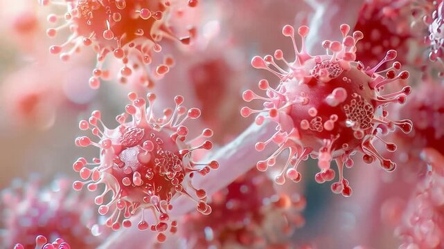 Coronavirus particles with characteristic spikes on a pink background symbolise the global pandemic, which is relevant for the medical background in publications about health and safety.

