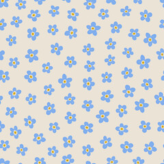 Forget-me-not flower seamless pattern. Delicate myosotis wildflower hand drawn vector illustration. Botanical spring summer nature print. Seasonal floral blossom background.