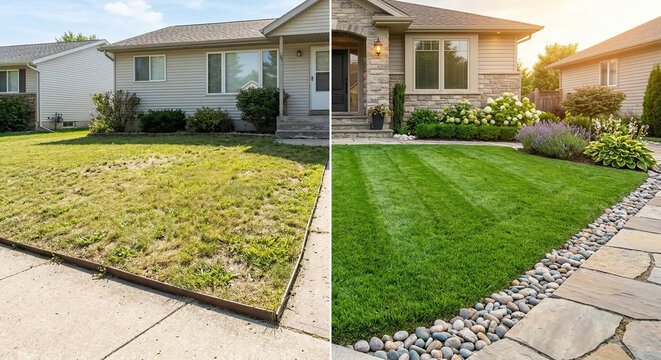 Before and after transformation of a residential house exterior and garden.