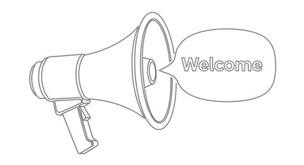 A line drawing of a megaphone with the word welcome in a speech bubble