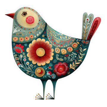 Whimsical folk art bird with floral patterns