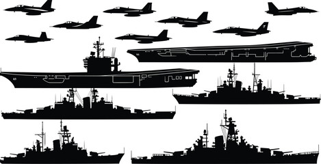 Military navy warship and fighter jet silhouettes collection aircraft carrier destroyer combat aircraft naval fleet defense illustration set