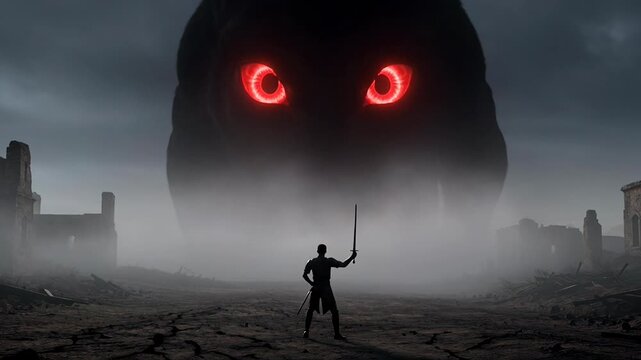 Brave warrior confronts colossal shadowy giant monster with menacing red eye amidst desolate, foggy, ruined landscape, scene of immense power. Defiant figure faces overwhelming threat