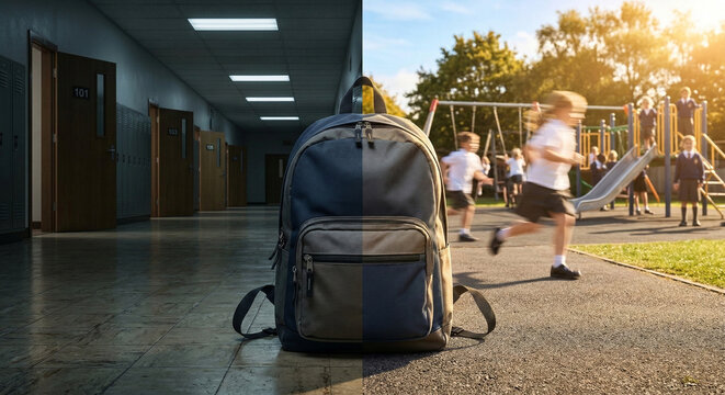 School backpack in a split image depicting quiet hallway and busy playground.