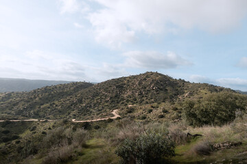 Obraz premium Winding dirt road winding through green hills