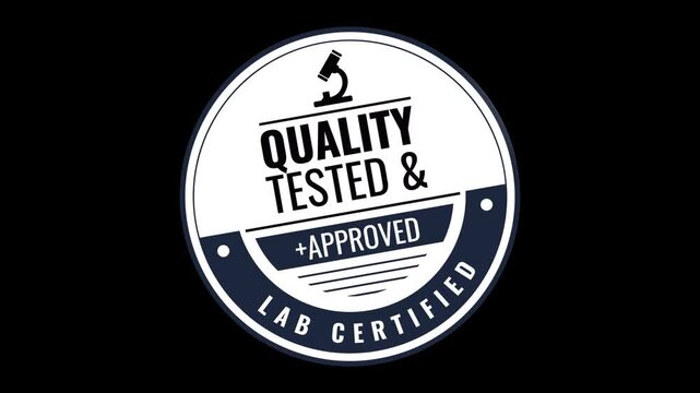 Quality assurance trust badge animation, lab certified stamp with microscope icon on transparent background.