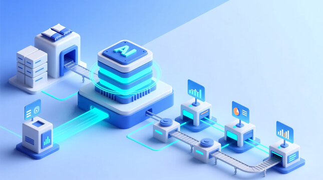 AI digital workforce optimizes business performance with accelerated data flow on isometric enterprise system