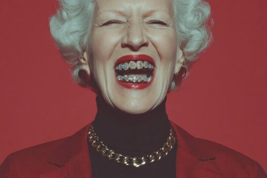 Senior woman with curly white hair wearing red lipstick and gold chain necklace smiling with shiny metallic grillz on teeth against red background for fashion and style.