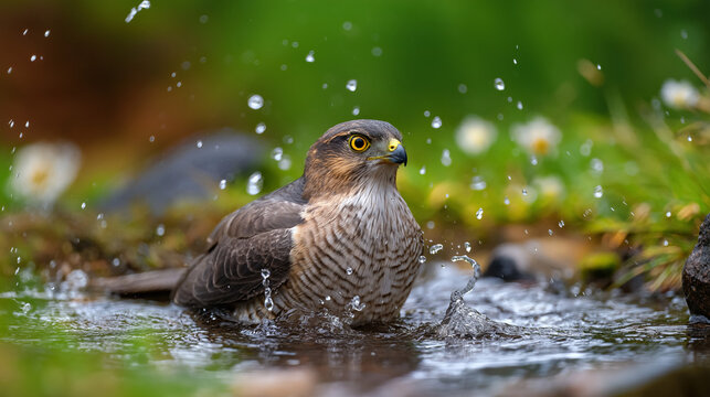 AI generator images of  Eurasian sparrow hawk is bathing. It's a small bird of prey, commonly found in dense forests, but can adapt to a variety of environments such as open woodlands, agricultural 