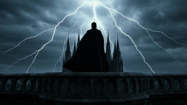 Mysterious figure dark silhouette atop gothic castle, stormy sky. Lightning flashes through ominous clouds, distant thunder, creating powerful foreboding fantasy atmosphere