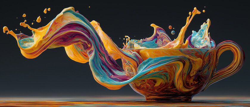 AI generator images of Splashes of vibrant colors in the shape of a coffee cup or teacup. This type of artwork is often categorized as Color Splash or Fluid Art, emphasizing the beauty of moving liqui